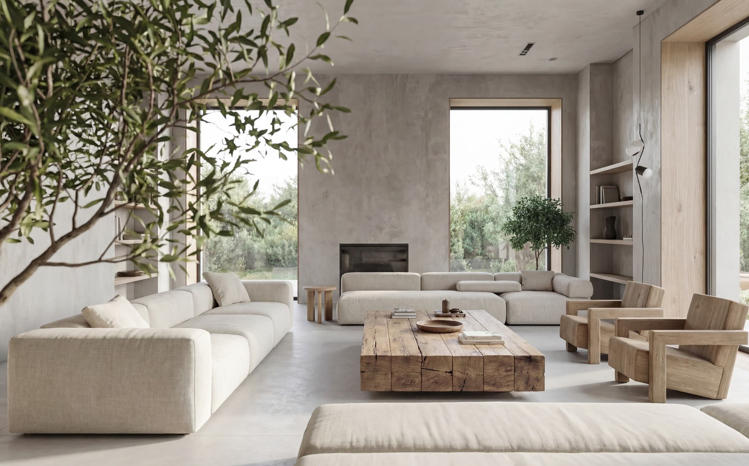 Modern living room with an olive tree, neutral linen sofas, and a live-edge wood coffee table