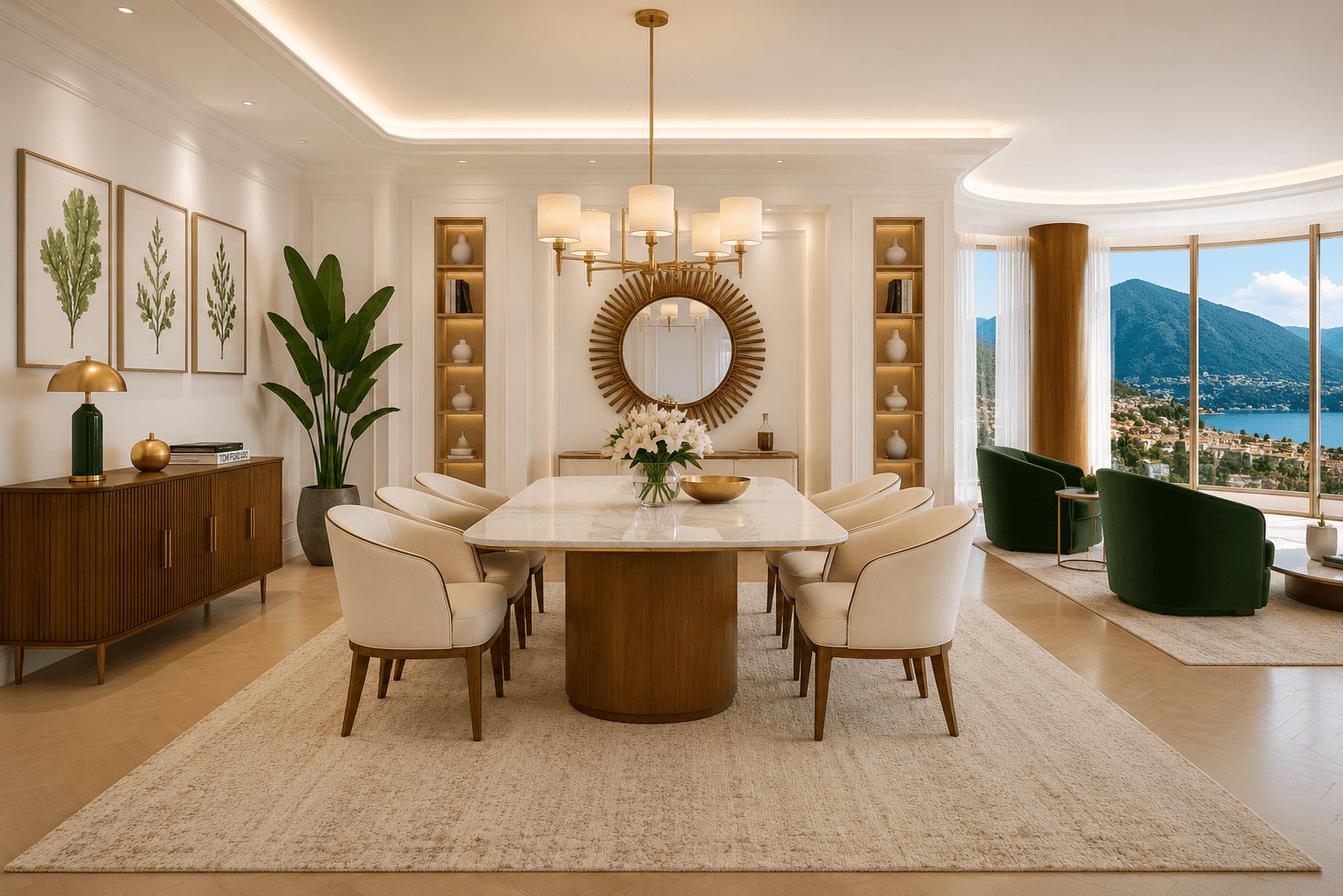Classic European dining room with a crystal chandelier, gilded mirror, and mountain views