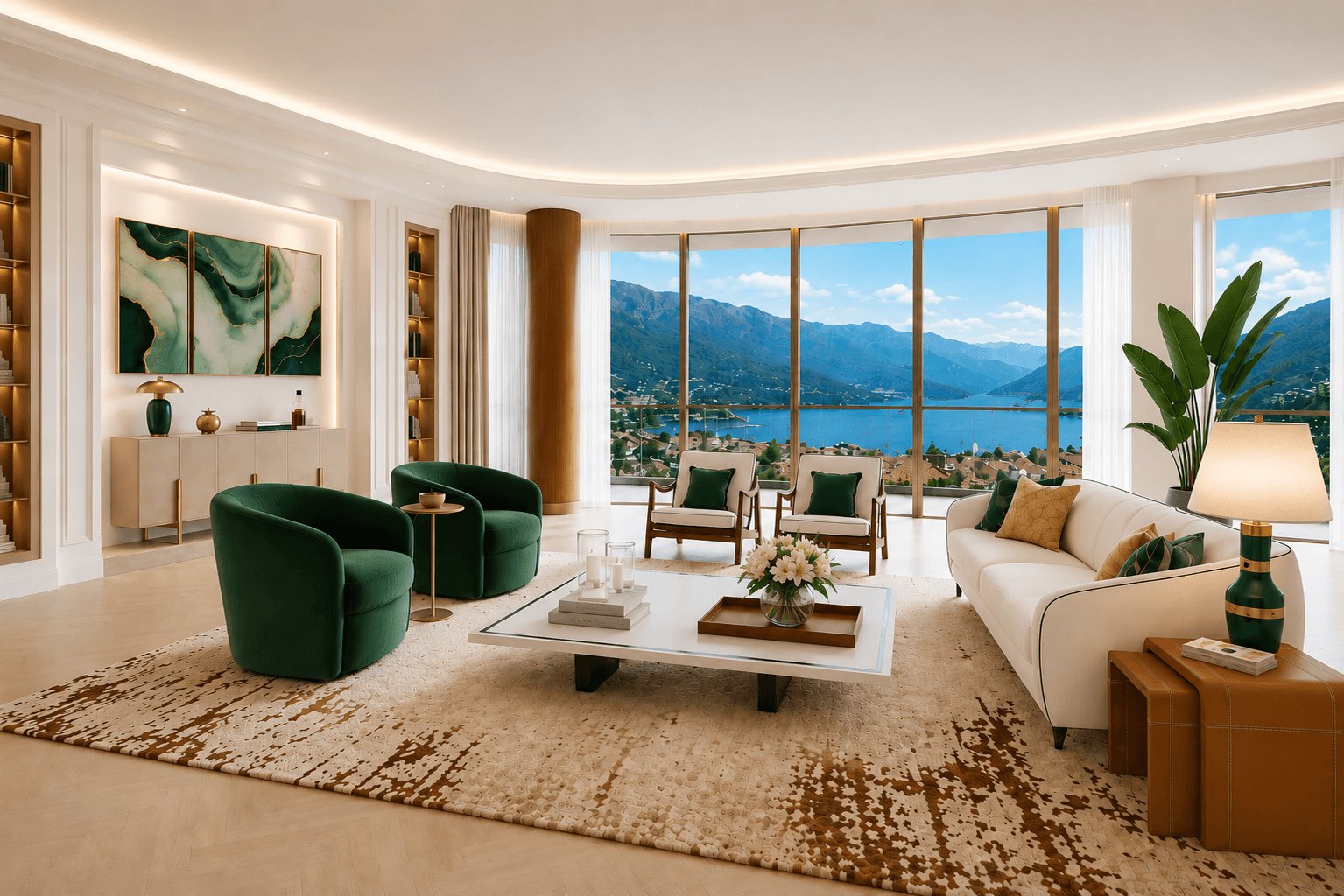 Classic European living room with panoramic views