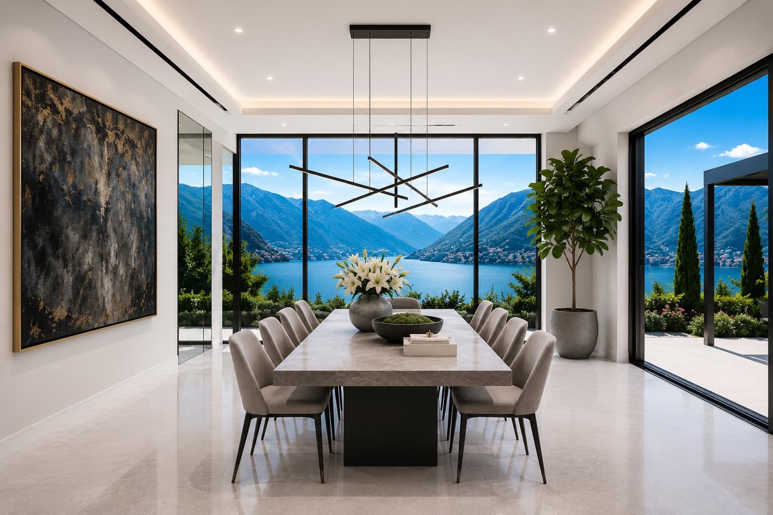 Contemporary dining room with a sculptural pendant light and floor-to-ceiling views of the Bay of Kotor