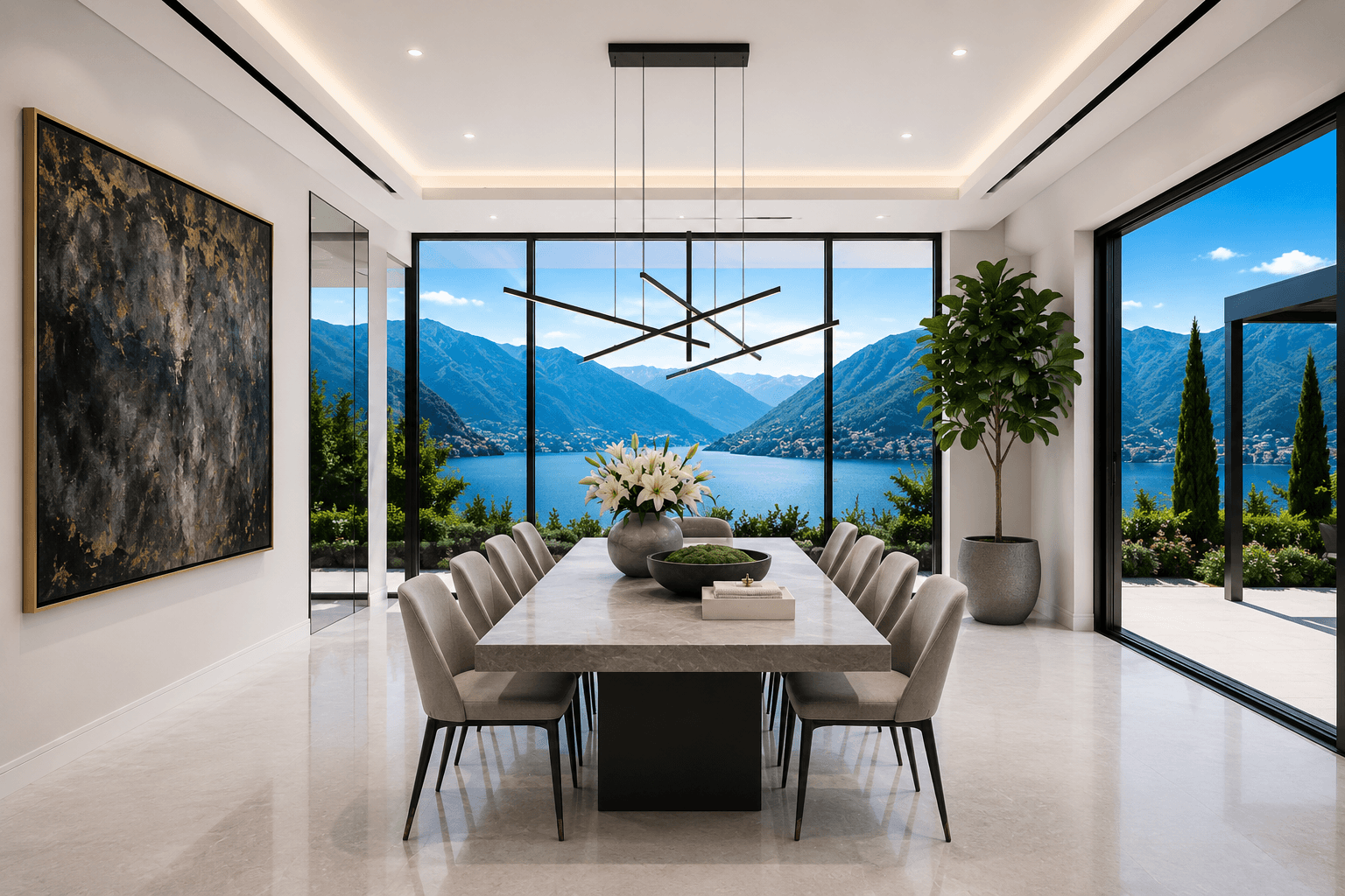 Contemporary dining room with a sculptural pendant light and floor-to-ceiling views of the Bay of Kotor