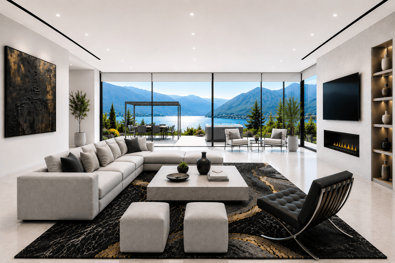 Contemporary living room with mountain and bay views