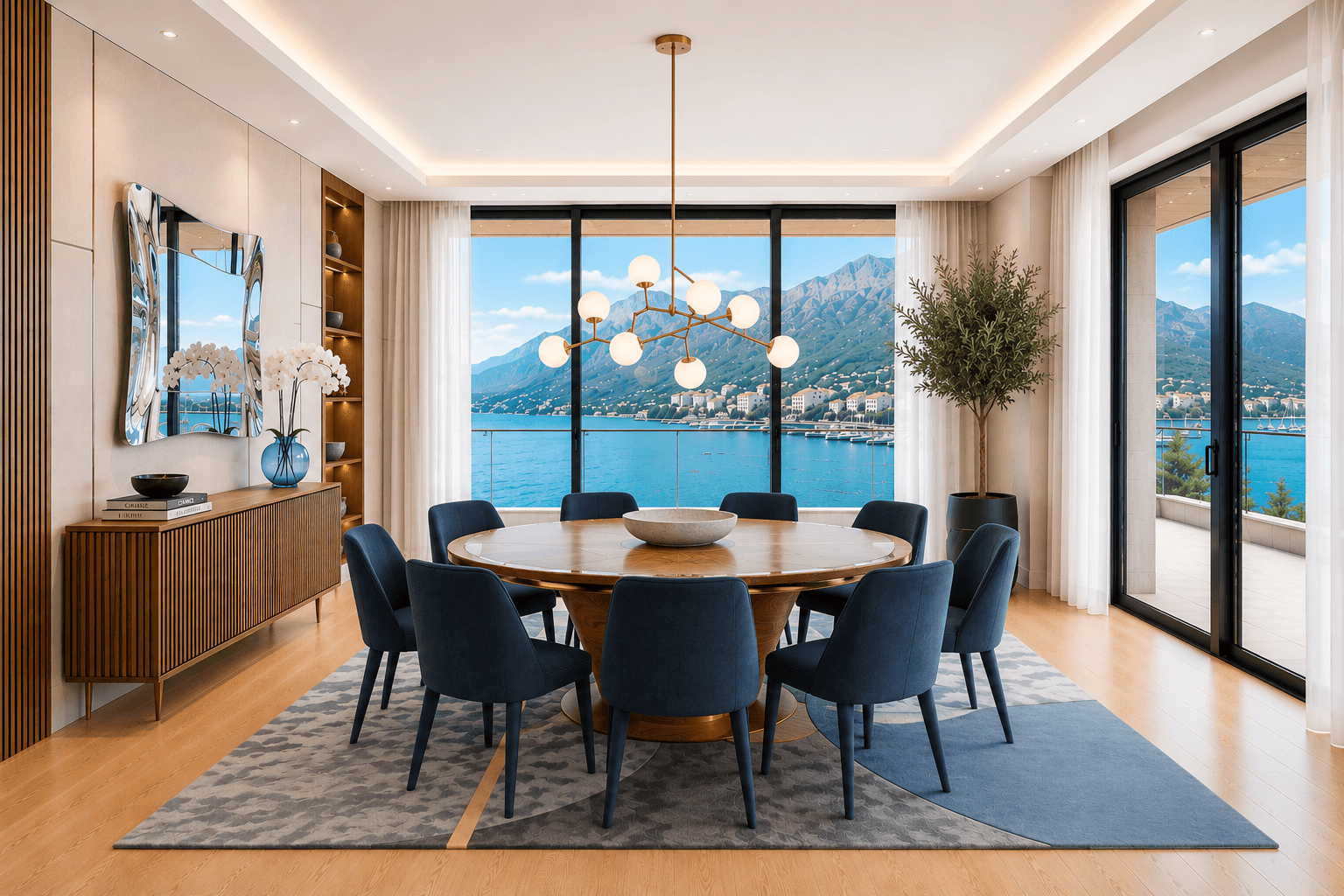 Mediterranean-inspired dining room with a round table, brass chandelier, and waterfront views