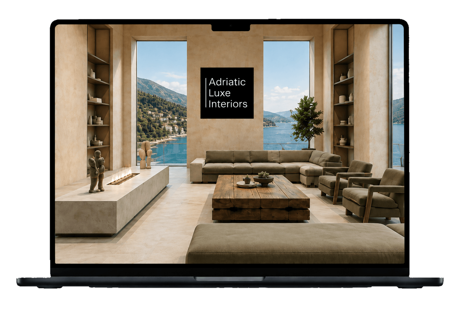 Adriatic Luxe Interiors design preview on a laptop, resting on a coastal ledge above the Bay of Kotor